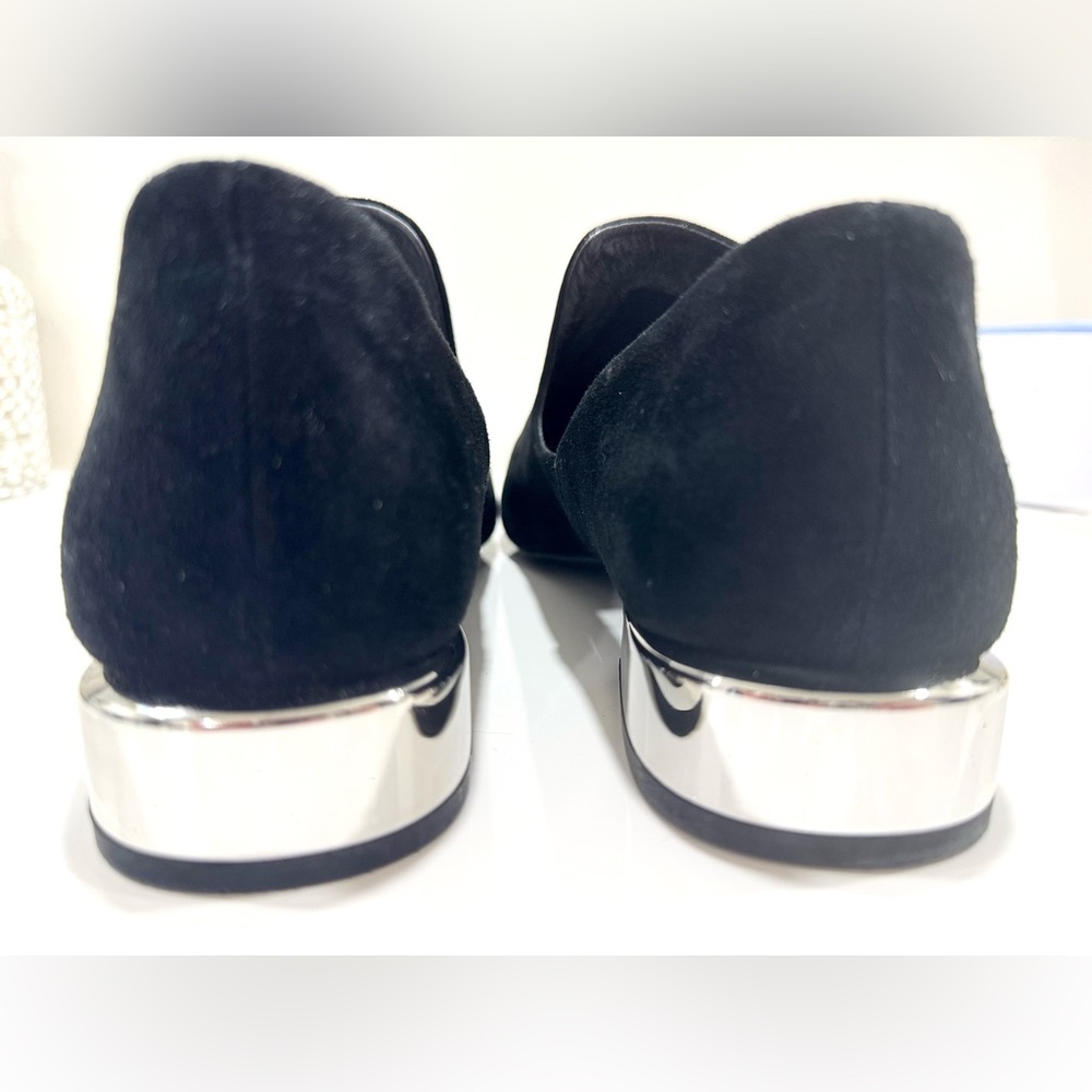 DELTAN Black Suede Loafers | Silver Heel Accent | Minimalist Chic Size 9.5 M